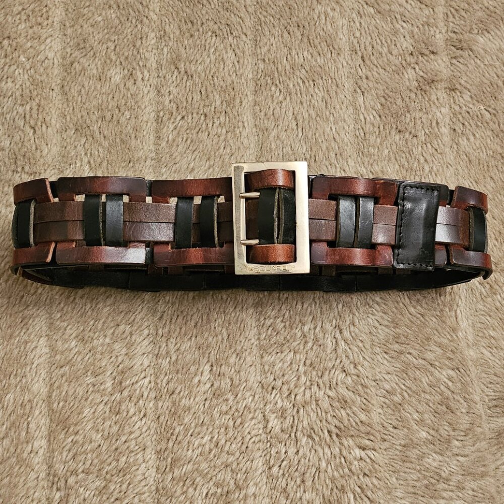 $495 D Squared woven leather double prong brown belt - Picture 2 of 13